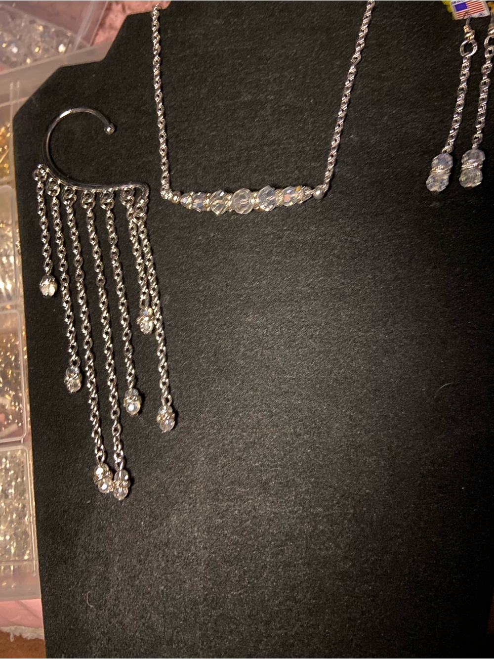 Silver Crystal Fringe Ear Cuff and Necklace Set